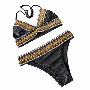 Medium Black Bikini with Multicolor Zigzag Trim NWOT